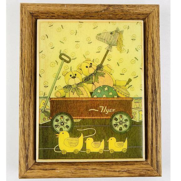 Frame Radio Flyer Wagon Ducks Retro Horse Enameled Ceramic Tile Nursery Baby VTG - Picture 2 of 8